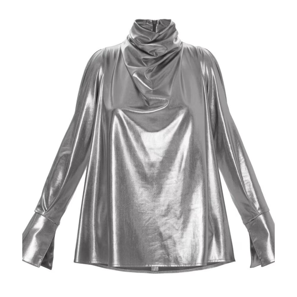 NWT Julia Allert Silver Metallic Cowl Neck Blouse sz S Avant Garde Glams Party